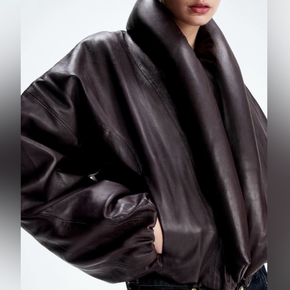 NEW H&M Studio Leather Shawl Collar Puffer Jacket Loewe Oxblood Medium